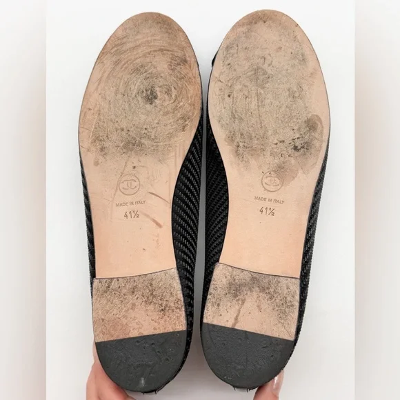 Chanel CC Logo Grosgrain Cap Toe Bow Ballerina Flats Woven Black Leather EU 41.5 - Picture 12 of 14